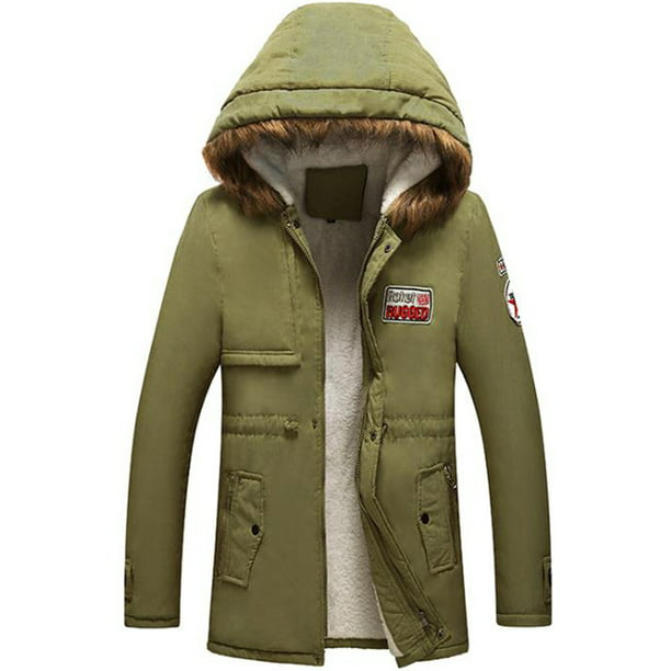 Parka Jacket Lined Warm Zipper Winter Fur Military Bomber Thick Coat Mens Hooded